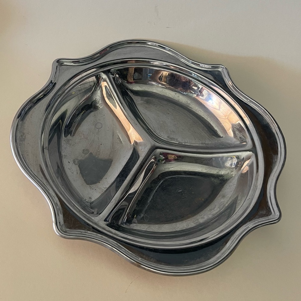 Vintage mid century silver sectioned scalloped edges three section dish